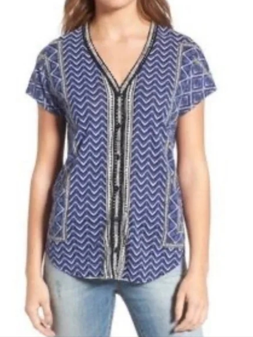 Lucky Brand Blue Black Tribal Geometric Print V-Neck Button Down Top Blouse S